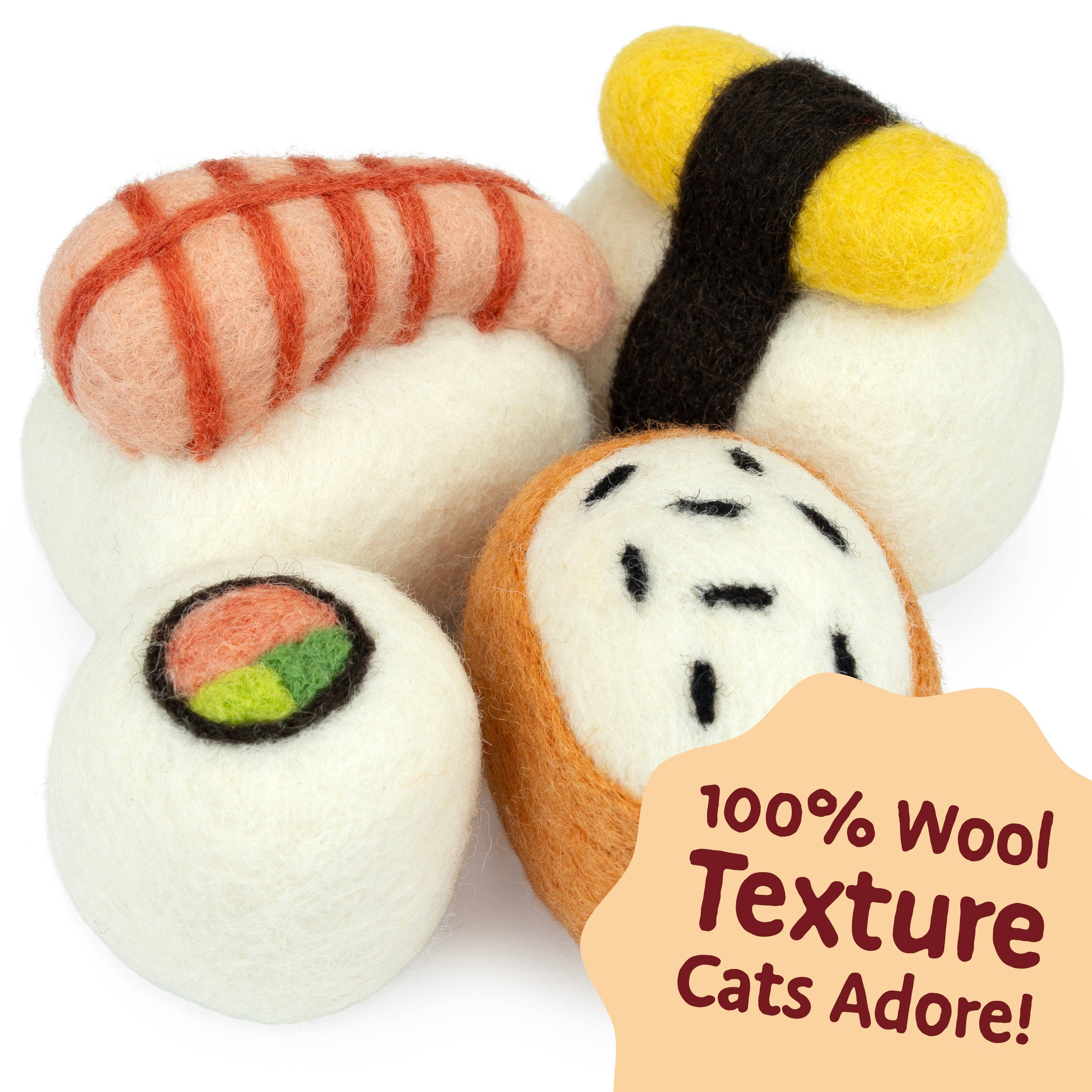 Woolbuddy - M&W Wool Felt Cat Sushi Set – Handmade Cat Toys (4 pcs)