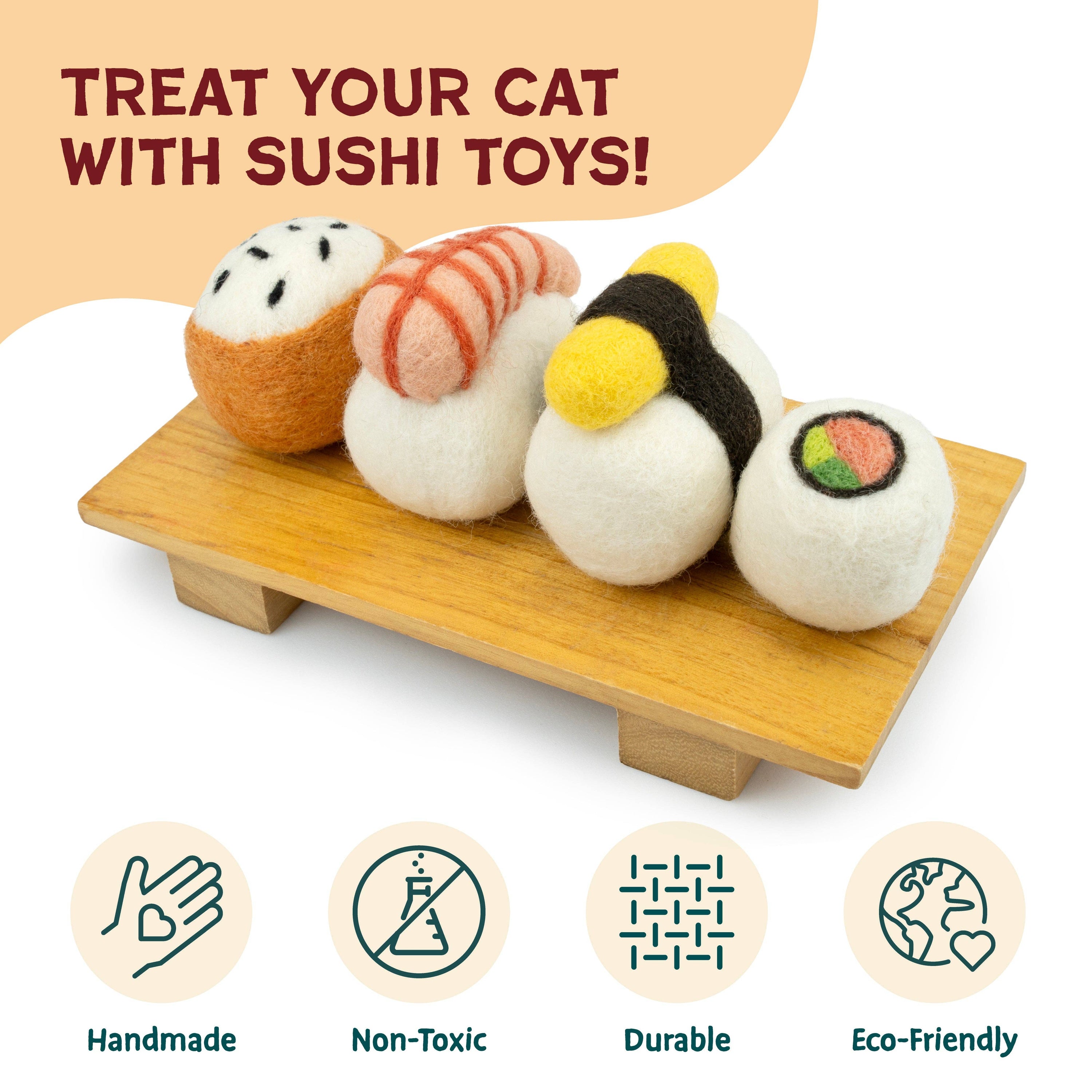 Woolbuddy - M&W Wool Felt Cat Sushi Set – Handmade Cat Toys (4 pcs)