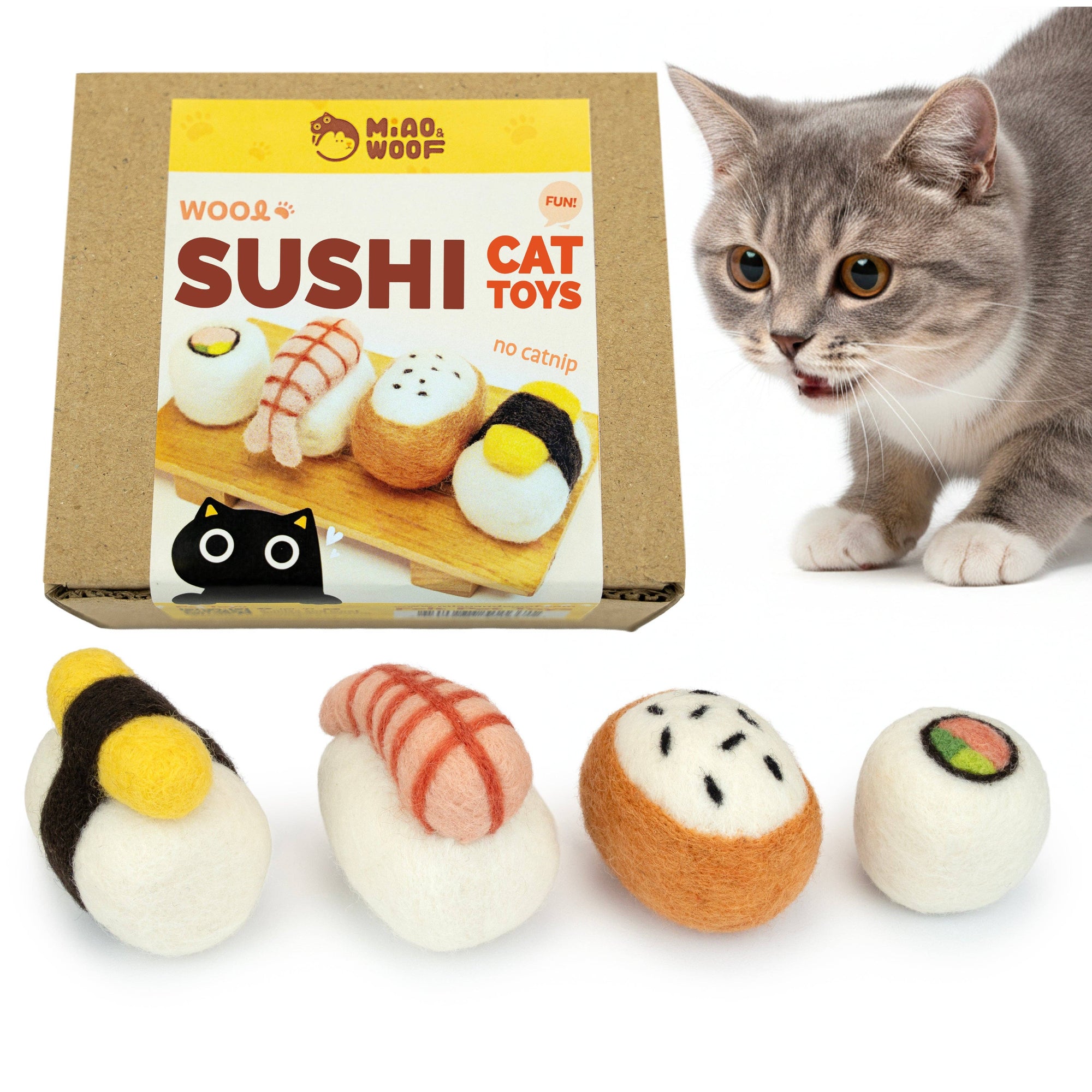 Woolbuddy - M&W Wool Felt Cat Sushi Set – Handmade Cat Toys (4 pcs)