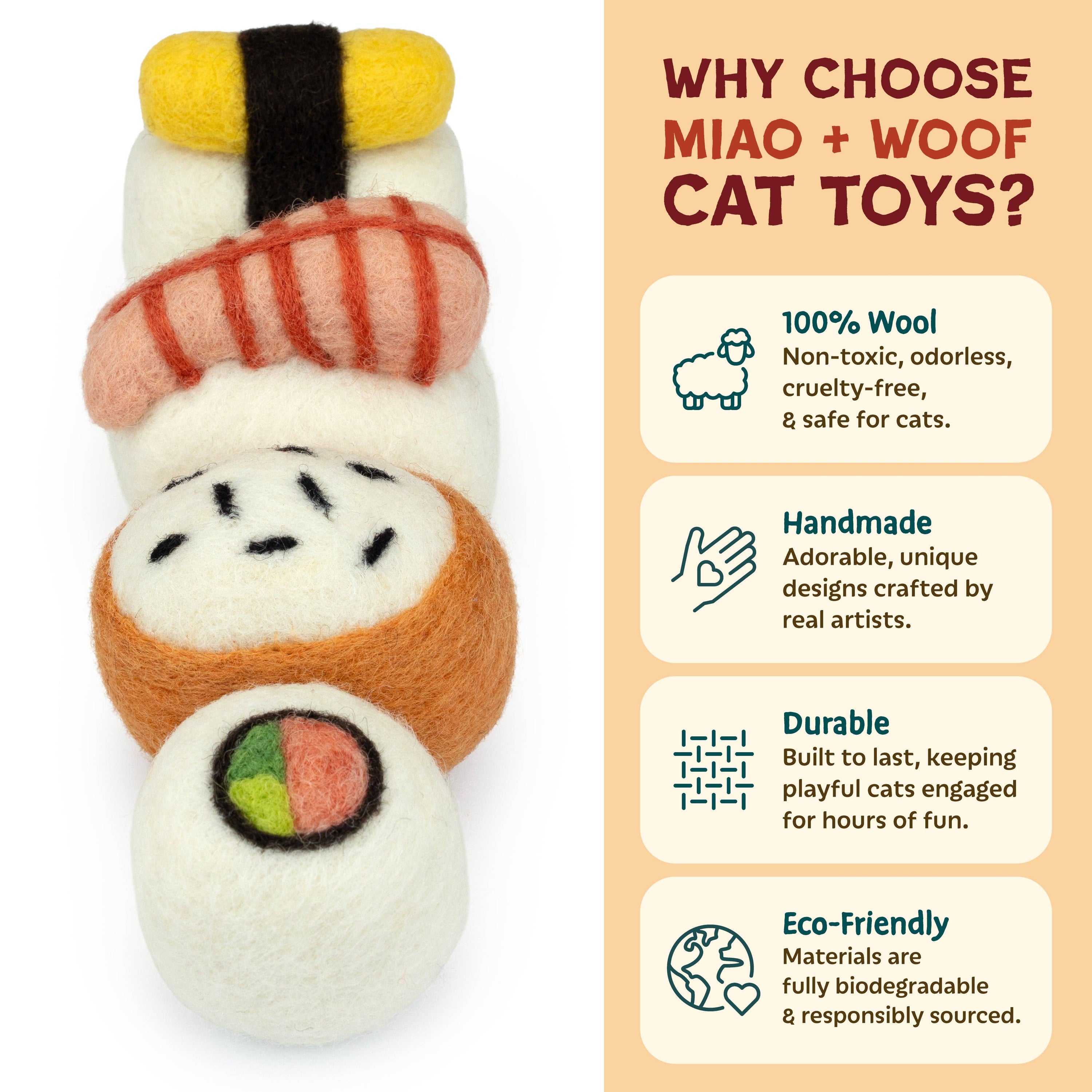 Woolbuddy - M&W Wool Felt Cat Sushi Set – Handmade Cat Toys (4 pcs)