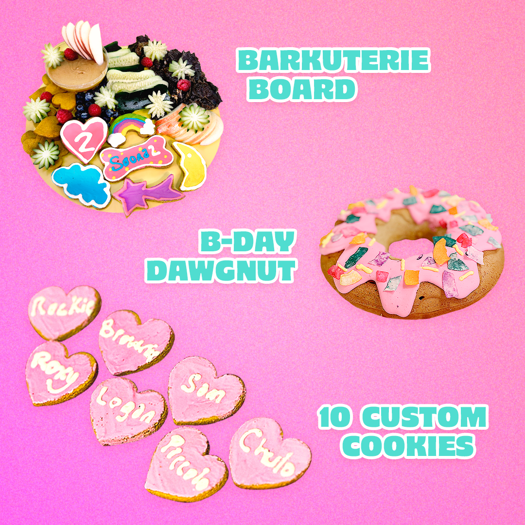 Pawty Bundle Cosmic Barkuterie Board + Birthday Dawgnut + 10 Frosted Cookies